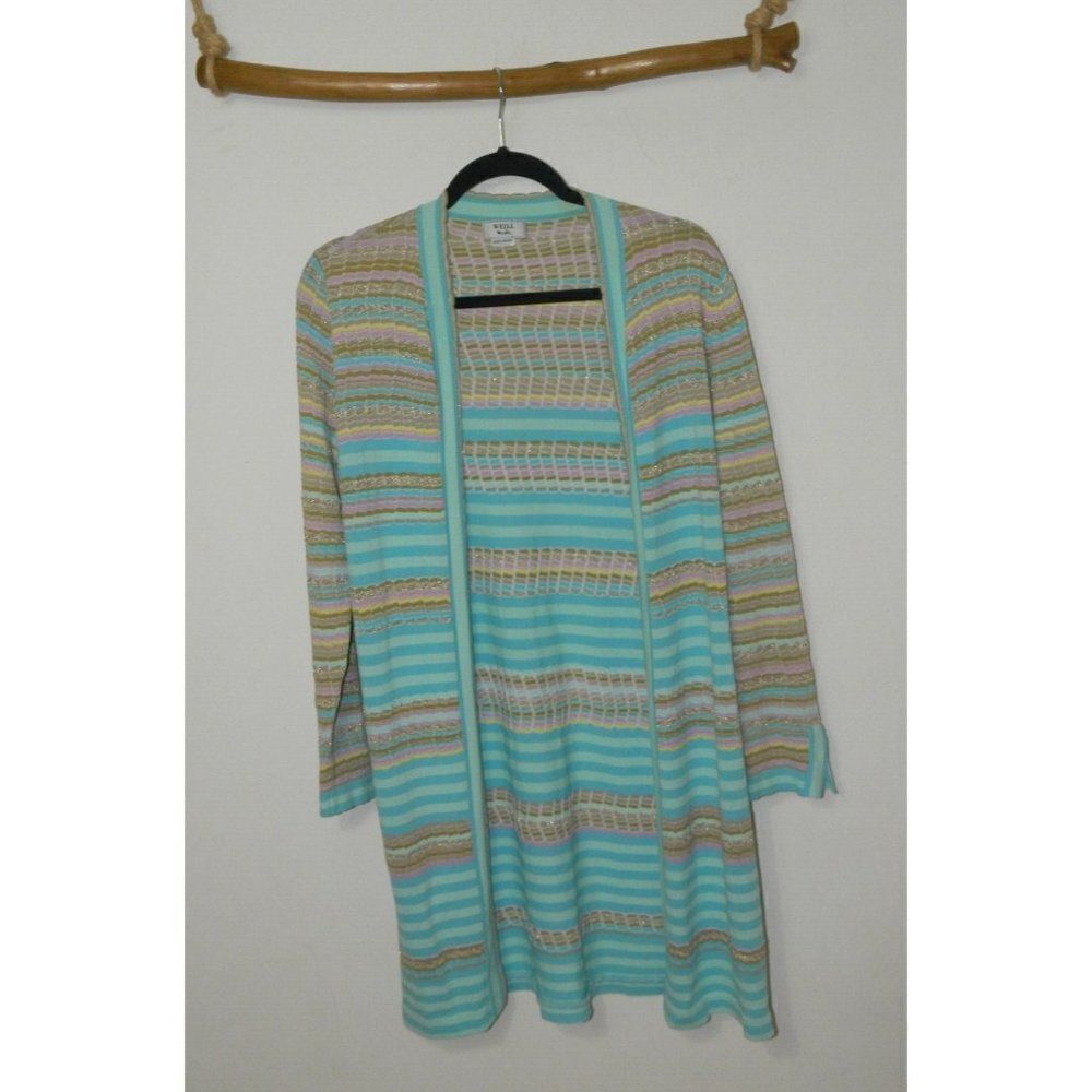 Weill Paris Cardigan Sweater Turquoise Purple Gold‎ Metallic Long Lightweight 10
